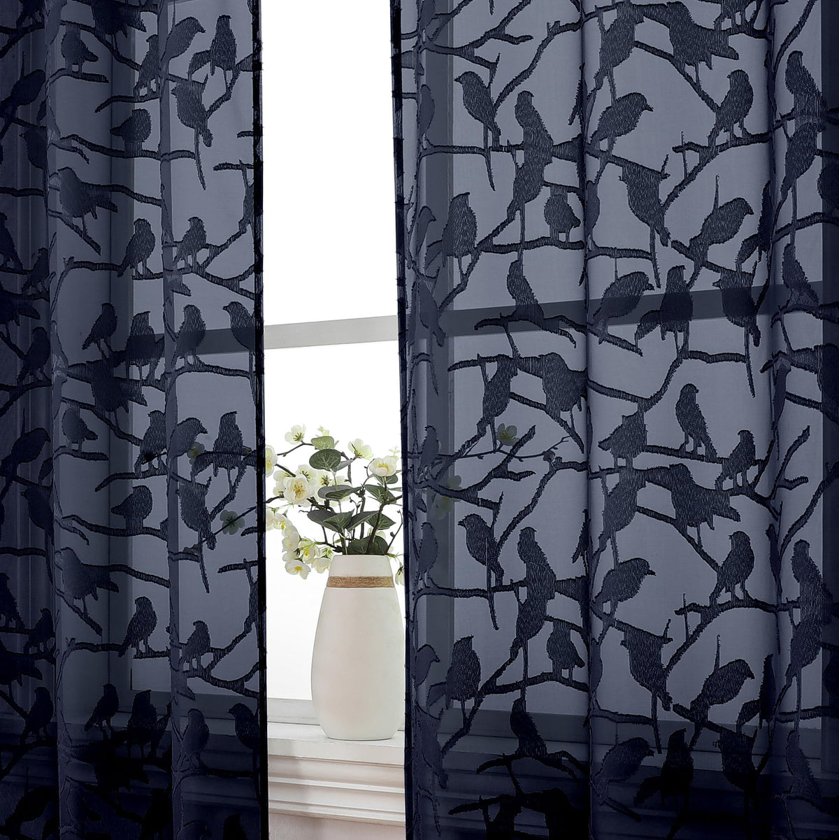 OVZME Sage Green Sheer Curtains 63 Inch Length 2 Panel Set, Light Filtering Bedroom Curtains with Dual Rod Pocket Top, Leaf Bird Clip Jacquard Sheer Farmhouse Window Drapes for Living Room, 2x38Wx63L