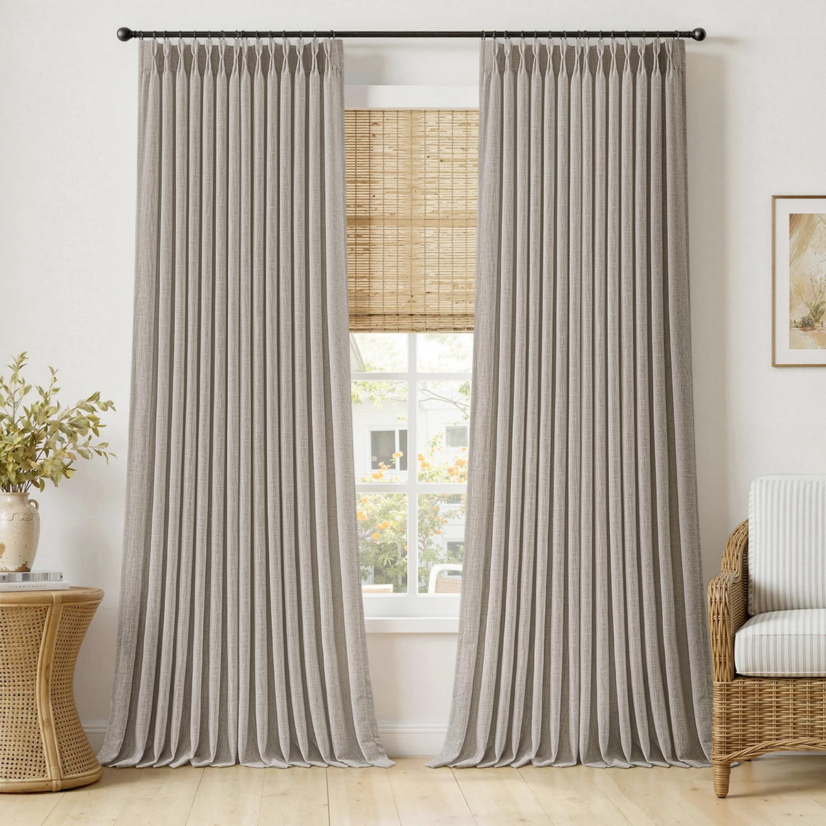 MIULEE Pinch Pleated Thick Linen Curtains 96 Inches Burlap Brown Curtains