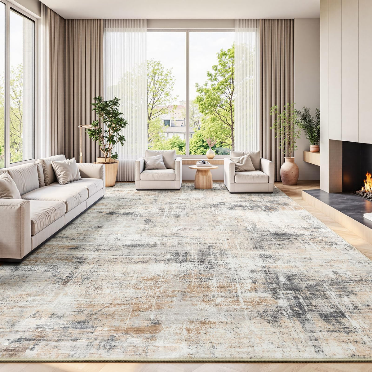 8x10 Area Rug for Living Room, Abstract Washable Non-Slip Large Rugs, Gold