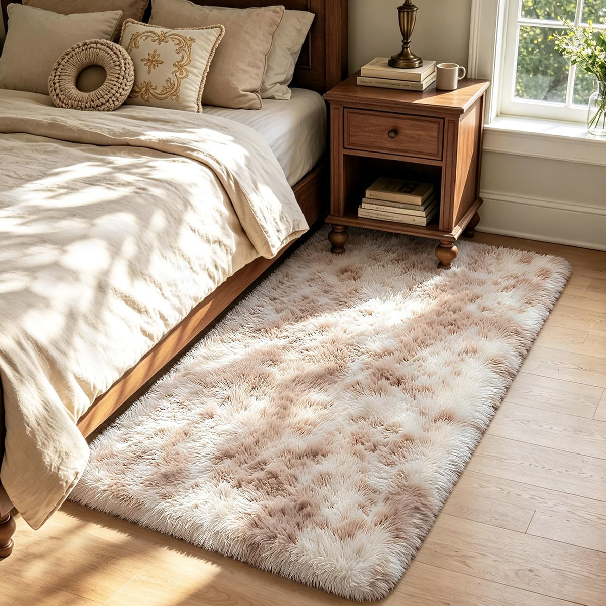 Beige 8x10 Area Rugs for Living Room, Fluffy Shag Rug Large Bedroom Carpet