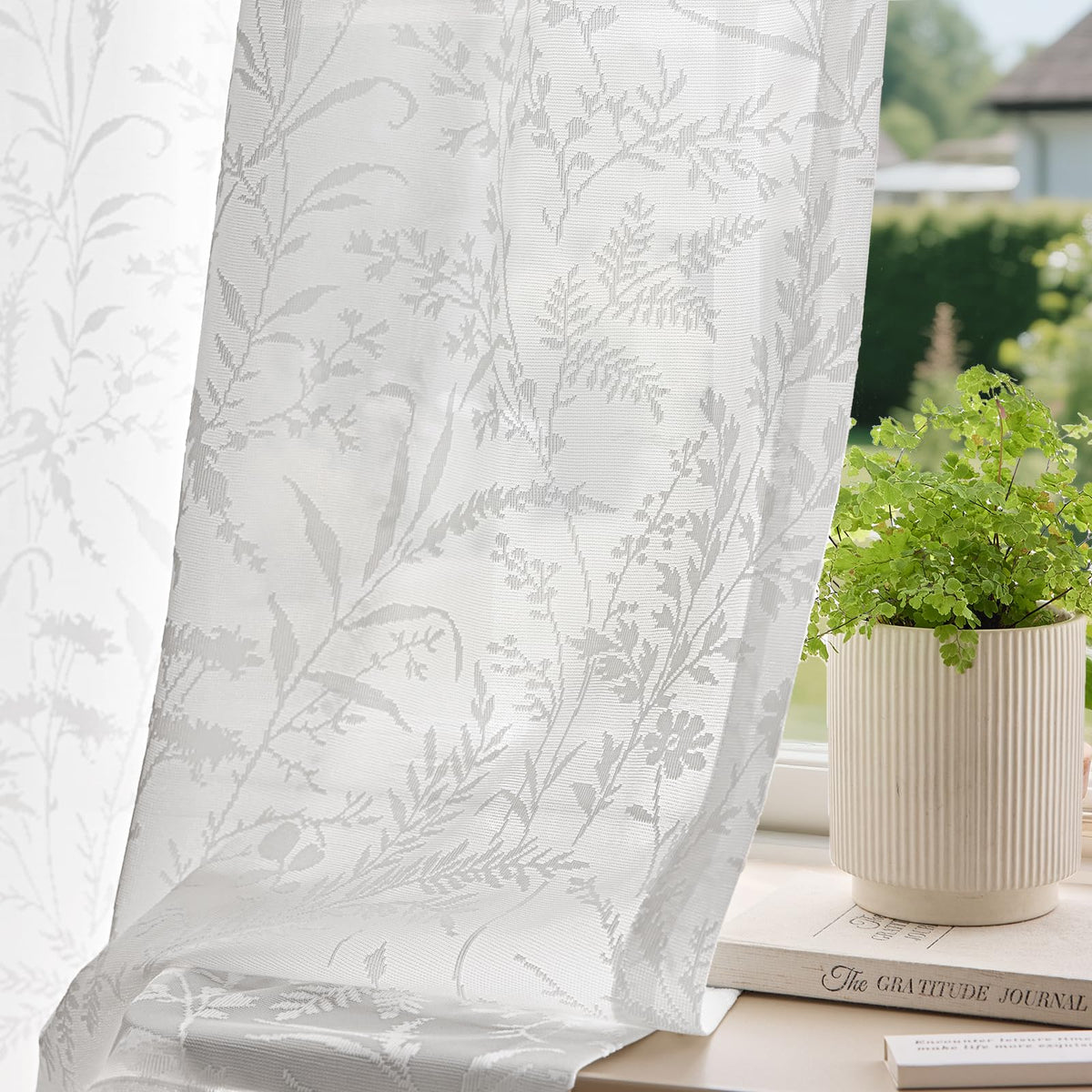 Anmao White Semi Sheer Light Filtering Curtains 84 Inches Long 2 Panels, Leaf Pattern Drapes for Living Room Bedroom, Rod Pocket Sheer Window Treatments with Floral Design, 52x84 Inch