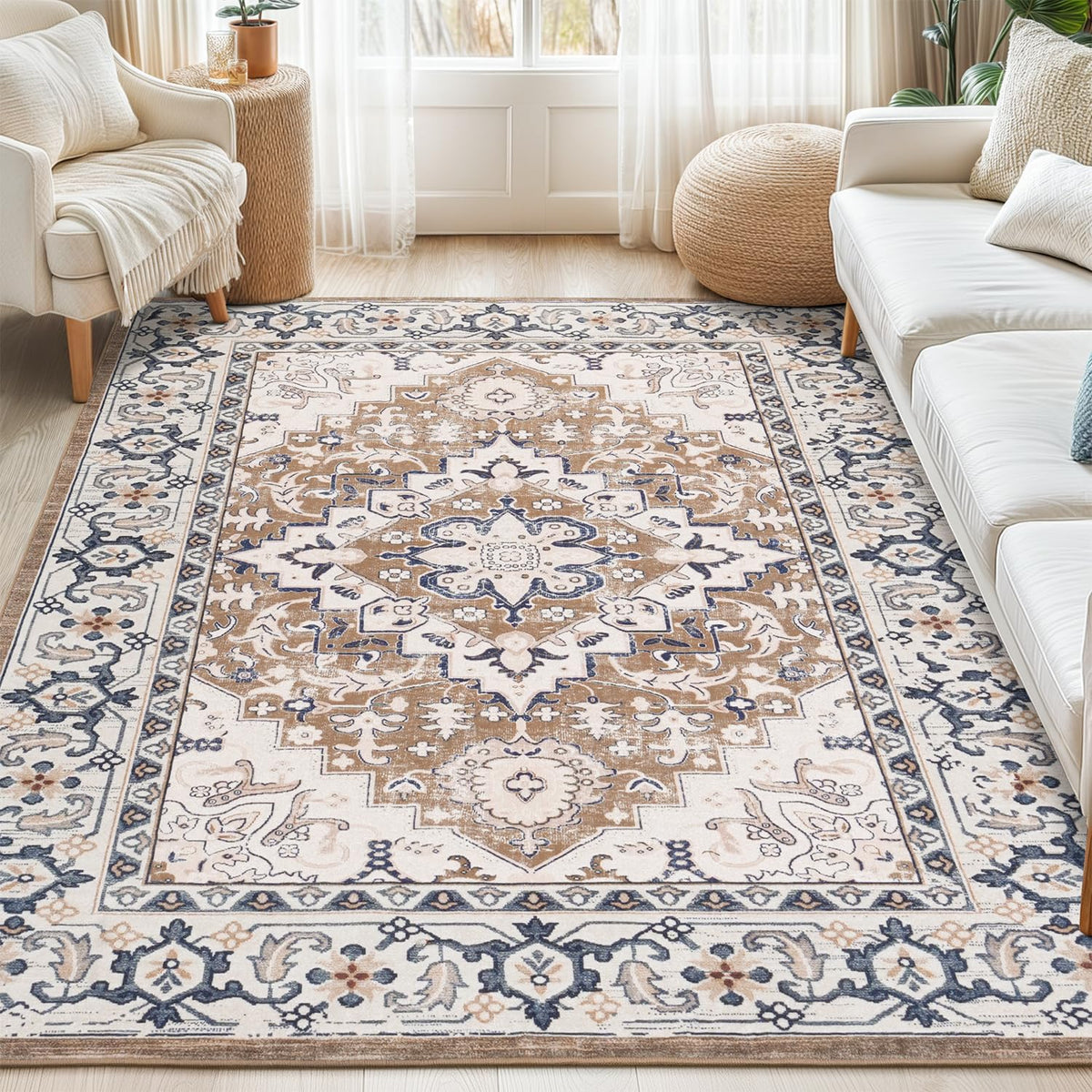 Lofus 5x7 Area Rugs for Living Room Bedroom, Soft Boho Carpet Floral Brown