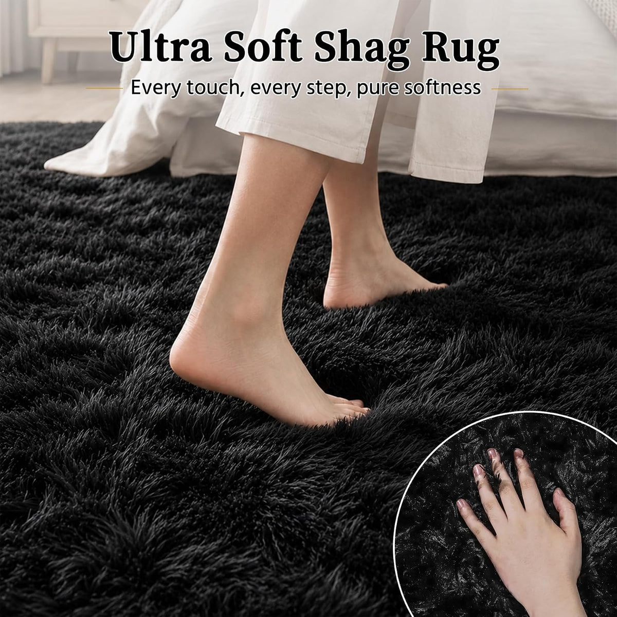 TENGTENGLINK 8x10 Fluffy Shag Area Rug Living Room Bedroom Washable Black