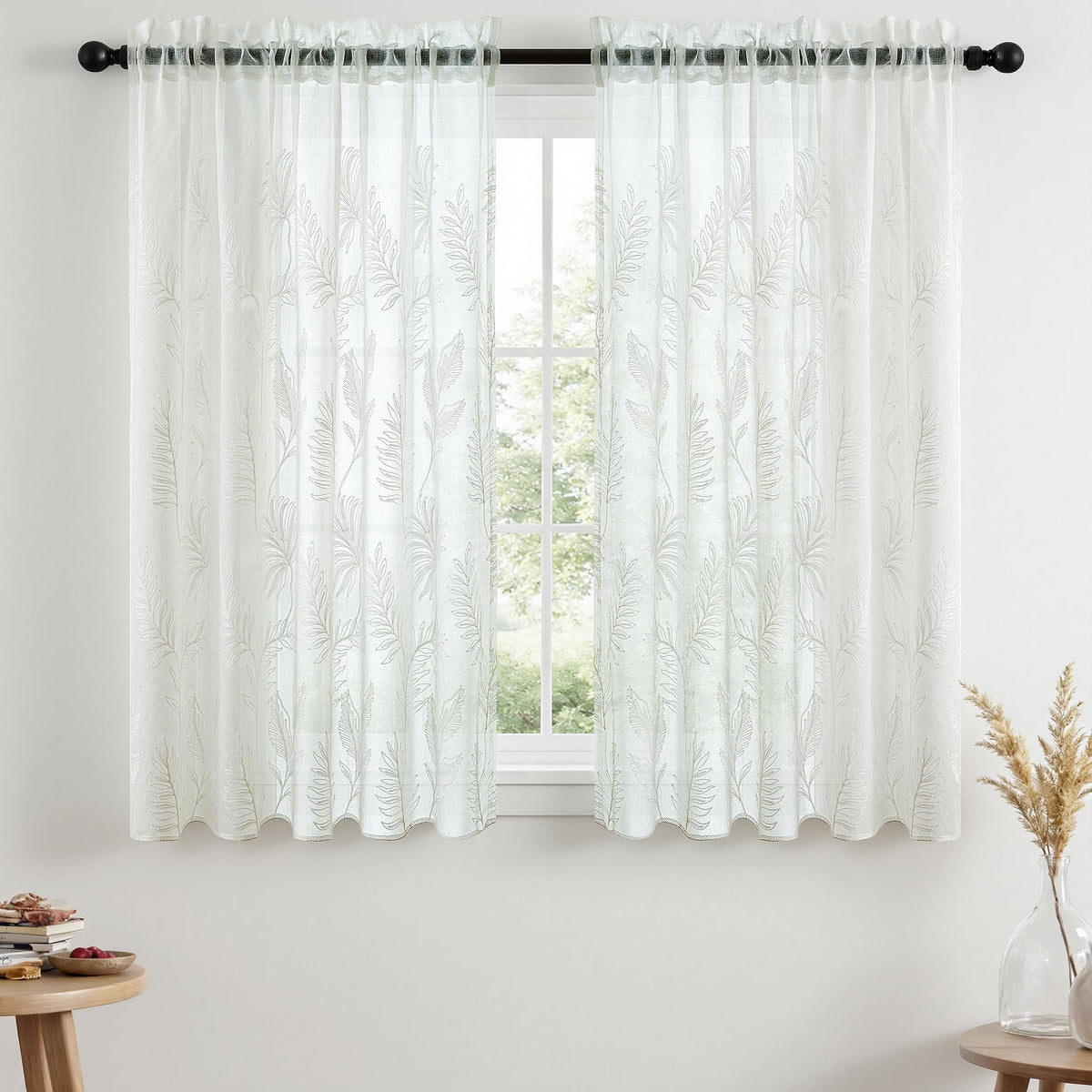 VISIONTEX Sheer Curtains Boho Leaf Floral Embroidered Cream Beige 54Wx84L