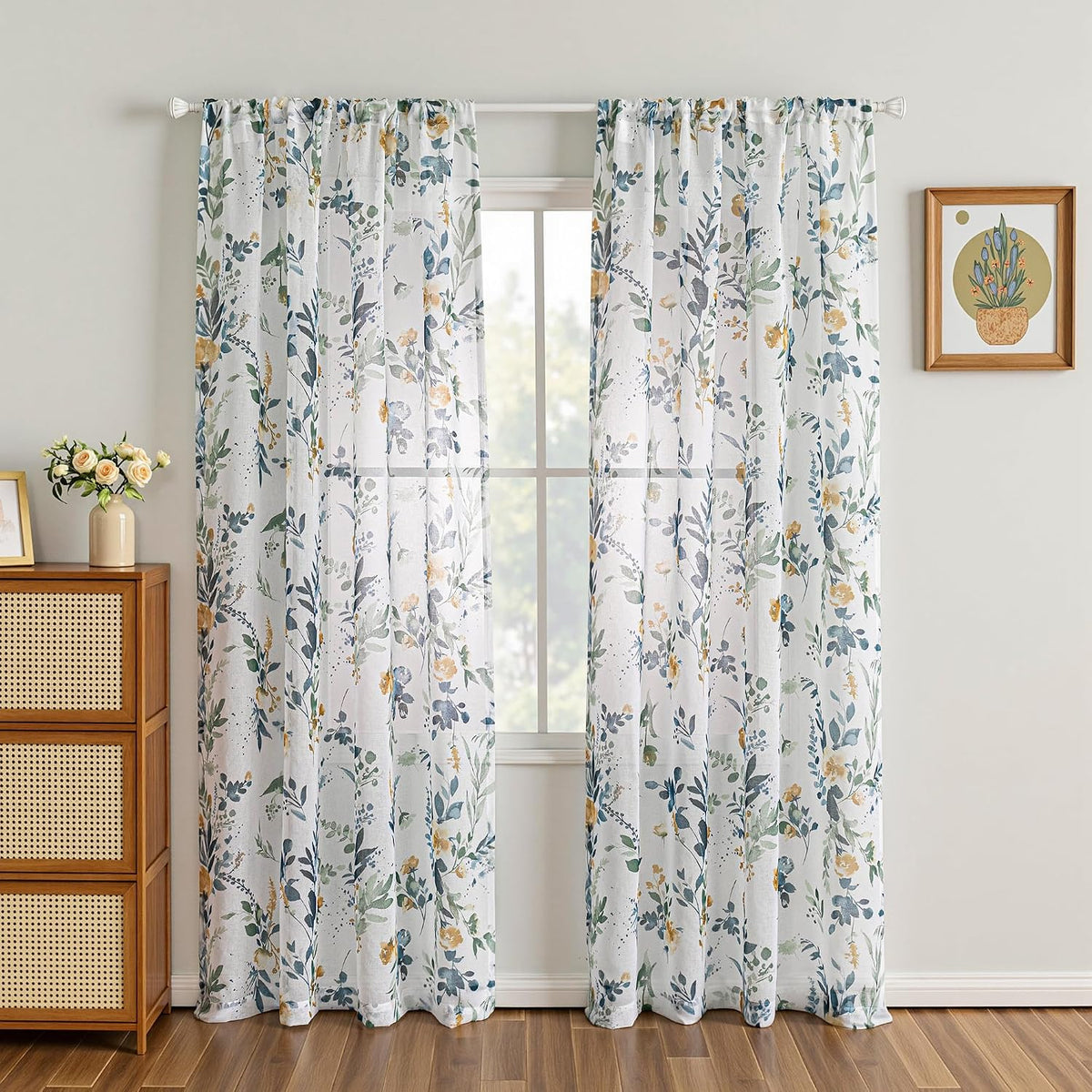 MYSKY HOME Yellow and Blue Sheer Floral Curtains 84 Inch Length 2 Panels