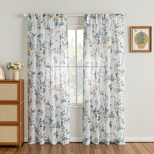 MYSKY HOME Yellow and Blue Sheer Floral Curtains 84 Inch Length 2 Panels