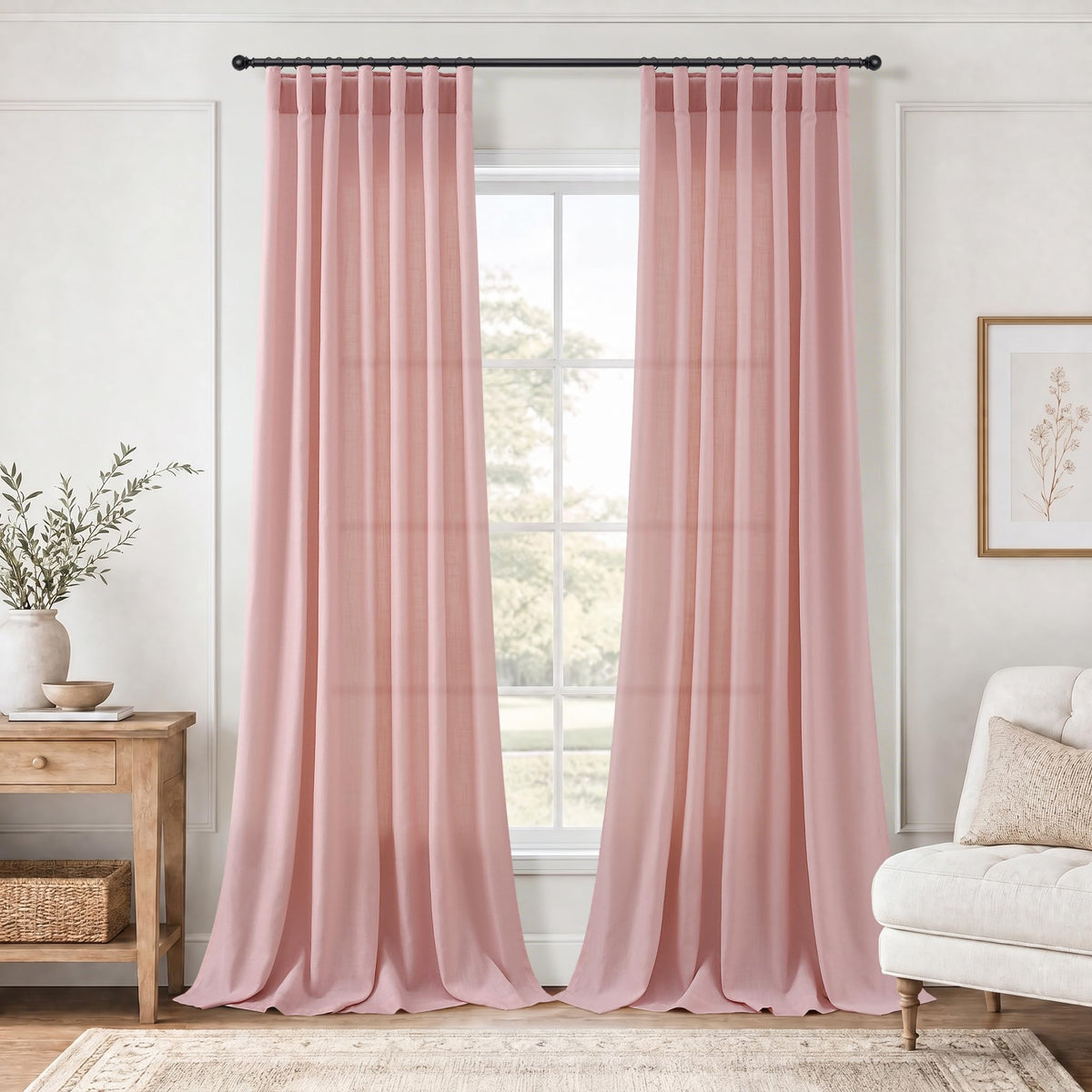 Jowels Natural Linen Curtains 84 Inches Long 2 Panels for Living Room