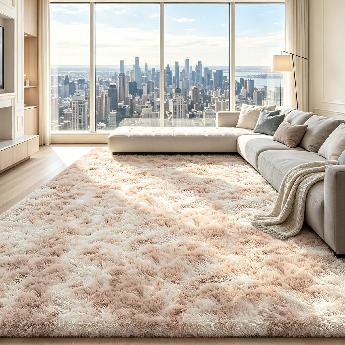 Beige 8x10 Area Rugs for Living Room, Fluffy Shag Rug Large Bedroom Carpet