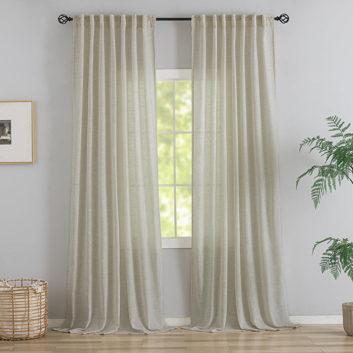 Natural Linen 144 Inch Length Curtains for Tall Floor Ceiling Villa Living Room -Cream Ivory Bak Tab Hooks Pleated Easy Open Sliding Semi Sheer 144 inch Extra Long 2 Story Window Curtains,12 Foot