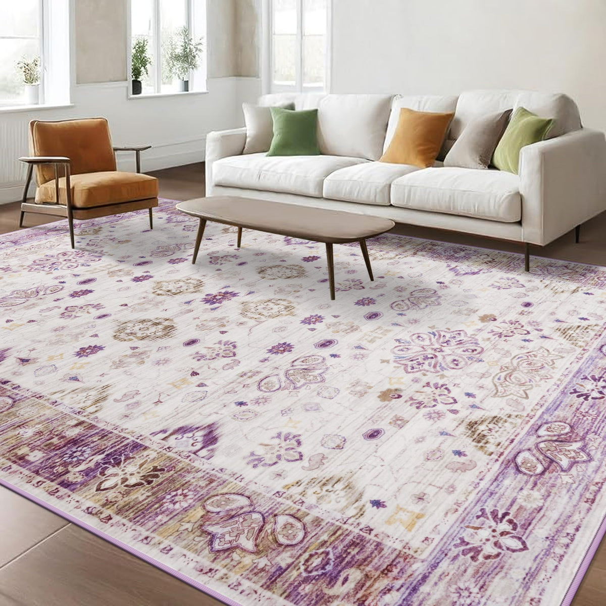 Hanples 5x7 Area Rugs for Living Room, Washable Rug Vintage Floral, Beige