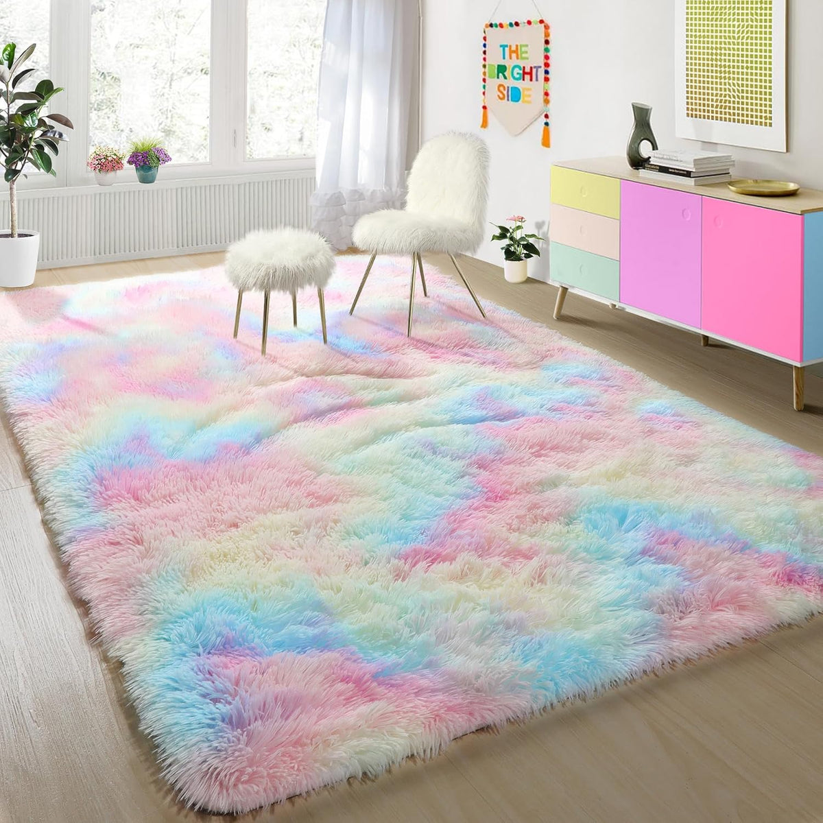 Rainbow Area Rugs for Girls Bedroom Fluffy Soft Vibrant Rugs Kids Playroom