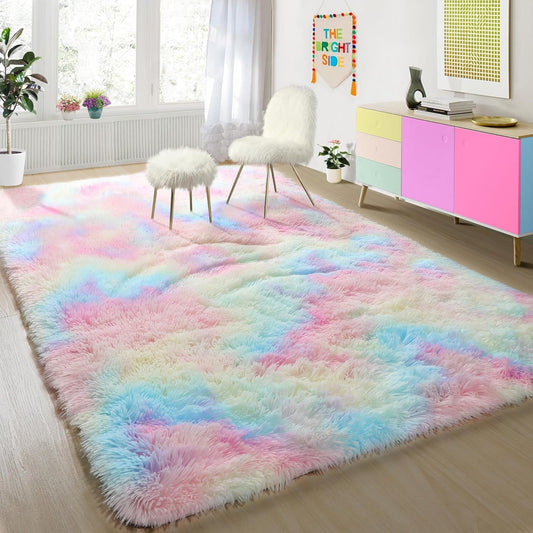 Rainbow Area Rugs for Girls Bedroom Fluffy Soft Vibrant Rugs Kids Playroom