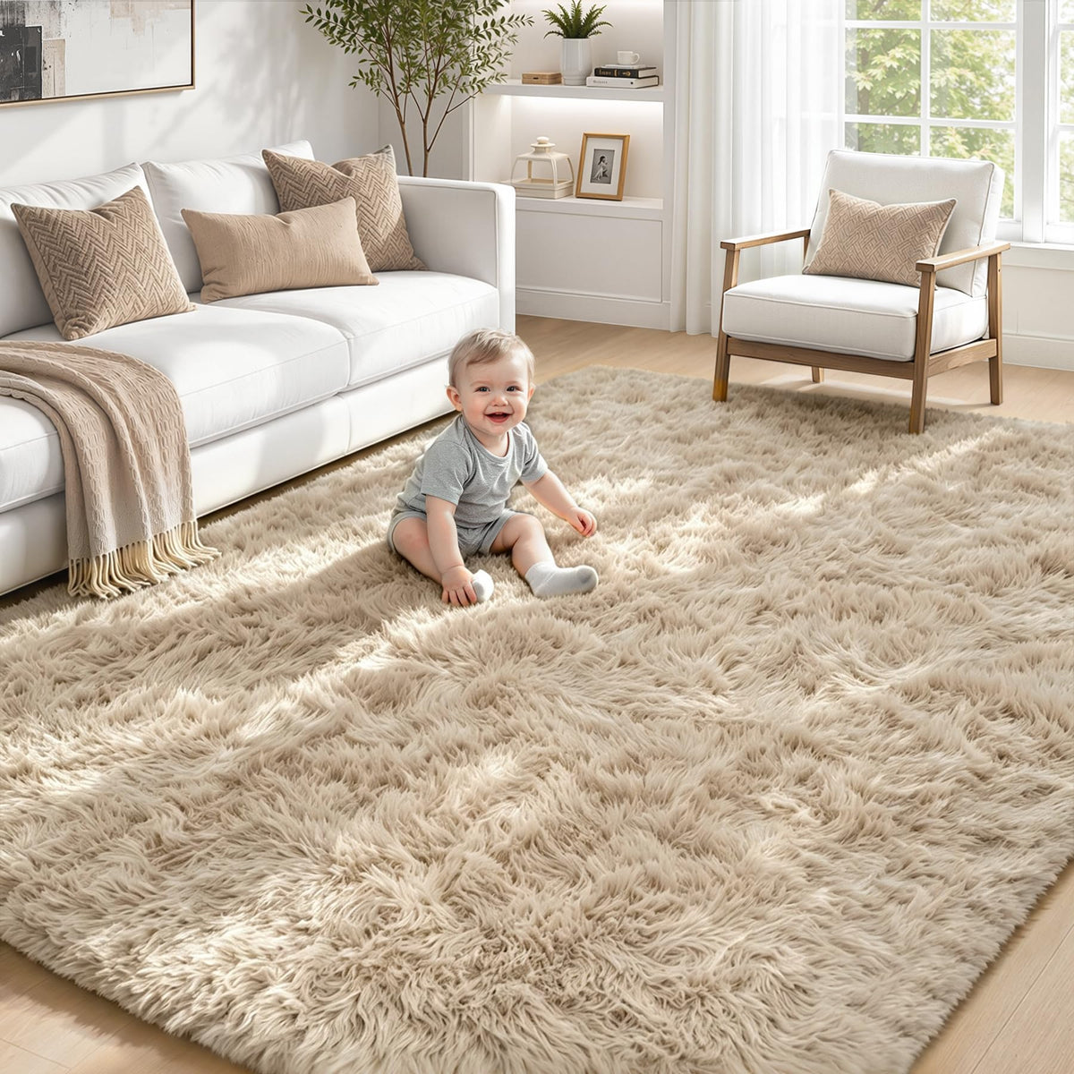 TENGTENGLINK 8x10 Fluffy Shag Area Rug Living Room Bedroom Washable Black