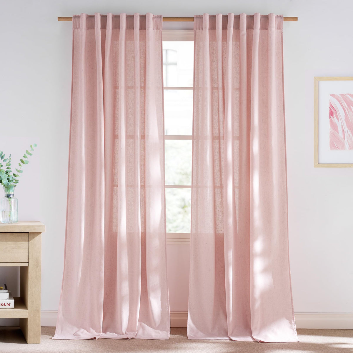 NICETOWN Natural Linen Curtains & Drapes for Windows 84 inch Long, Rod Pocket & Back Tab Thick Flax Semi Sheer Privacy Assured with Light Filtering for Bedroom/Living Room, W55 x L84, 2 Pieces