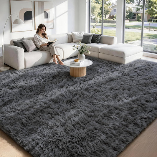 MXSANYOO 8x10 Fluffy Shag Area Rugs for Living Room Bedroom Grey Rug