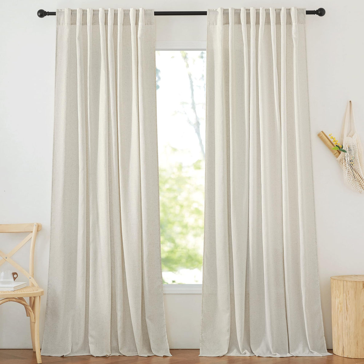 NICETOWN Natural Linen Curtains & Drapes for Windows 84 inch Long, Rod Pocket & Back Tab Thick Flax Semi Sheer Privacy Assured with Light Filtering for Bedroom/Living Room, W55 x L84, 2 Pieces