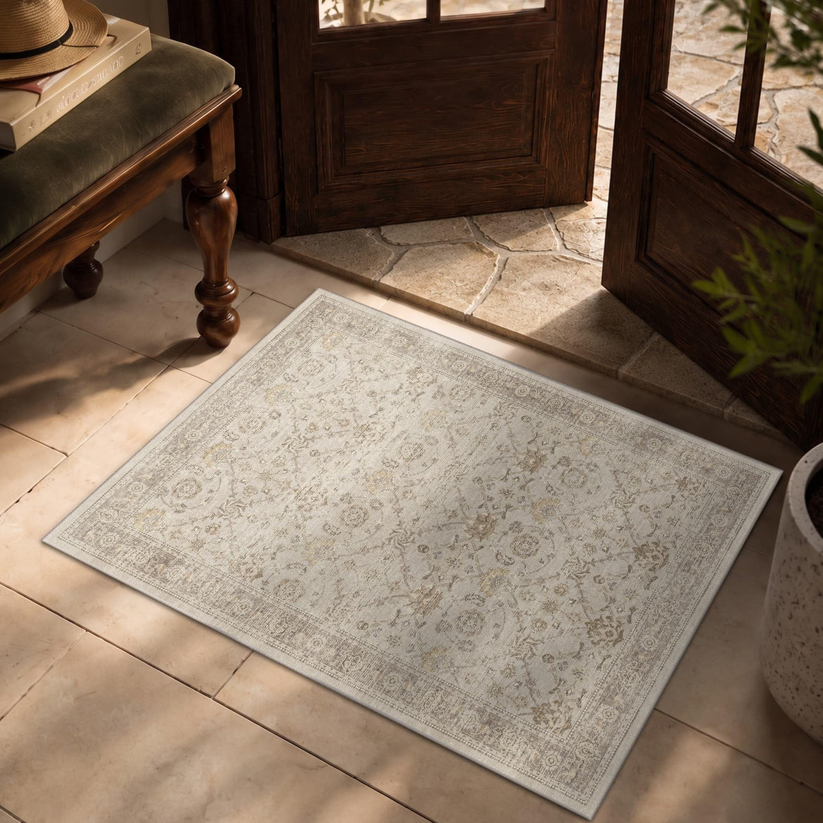 8x10 Washable Boho Area Rug, Dark Beige Farmhouse for Living Room