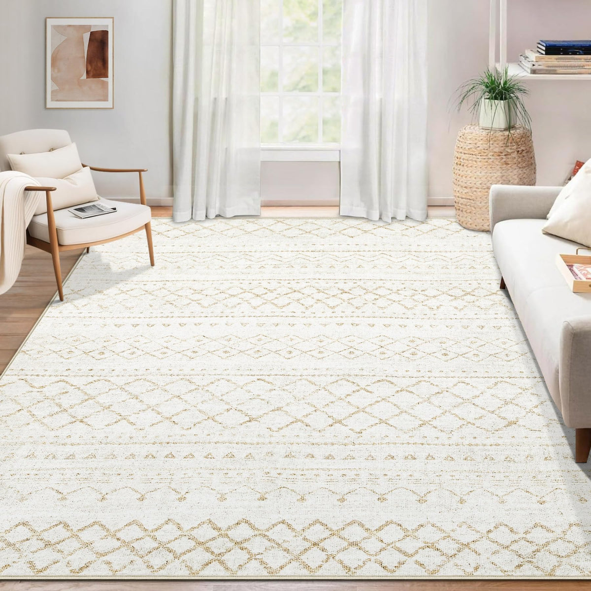 Area Rug 4x6 Geometric Rug: Washable Boho Moroccan Rugs Soft Farmhouse Rug, Modern Neutral Stain Resistant Indoor Floor Carpet for Livingroom Bedroom Dining Table Nursery(Modern Beige,4'x6')