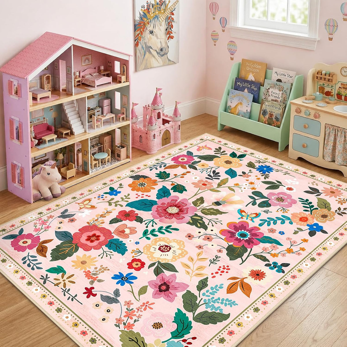 RELEANY Floral Washable 5x7 Area Rugs Pink