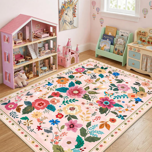 RELEANY Floral Washable 5x7 Area Rugs Pink