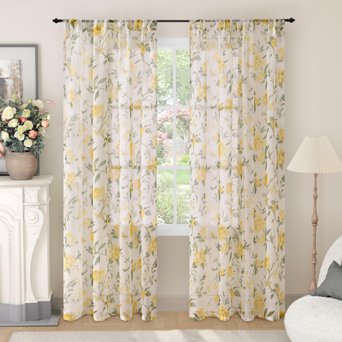 Lajode Pink Floral Sheer Curtains for Girls Room - 52x84 Inch 2 Panels