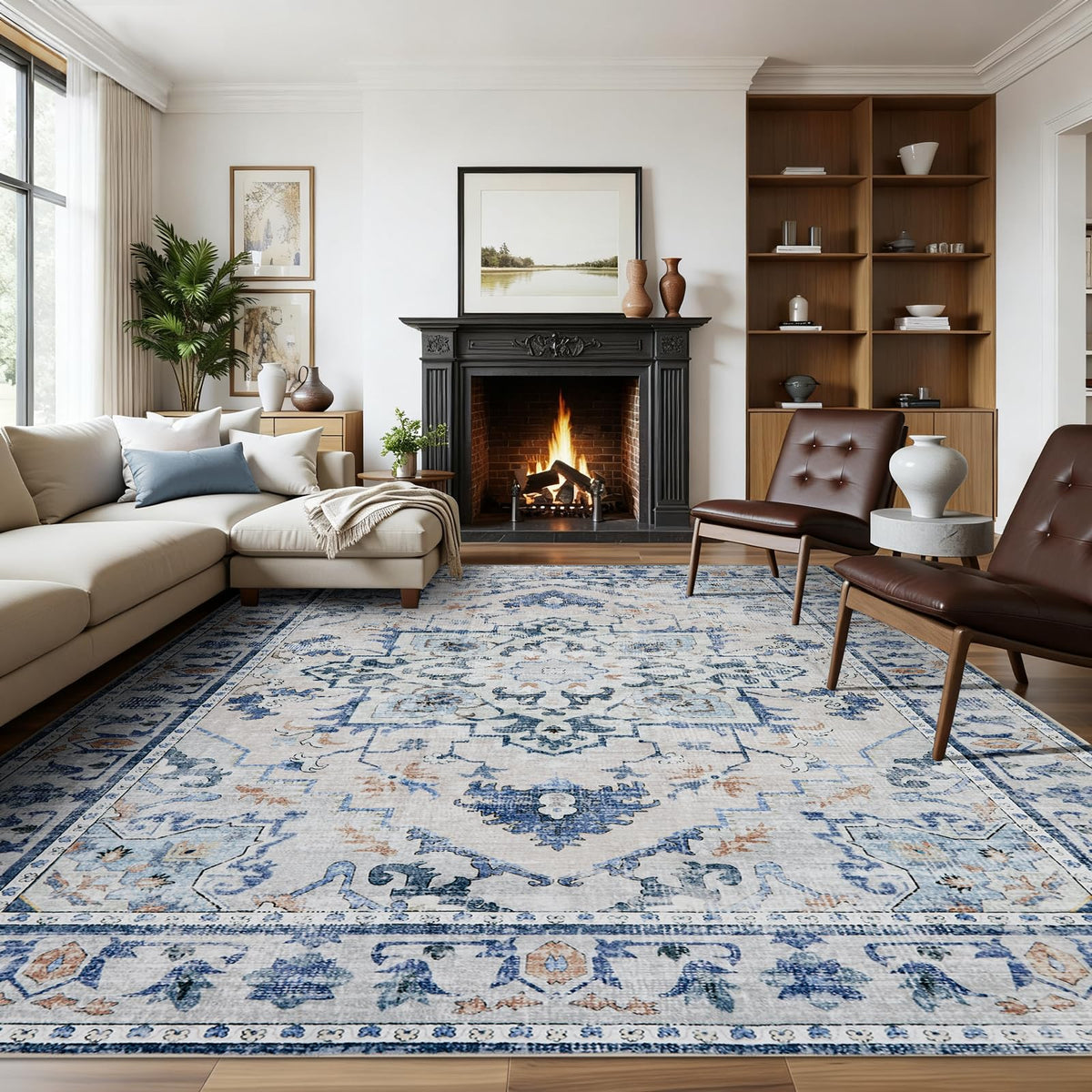 Joydeco Boho Washable Abstract Beige 5x7 Area Rugs for Living Room Bedroom