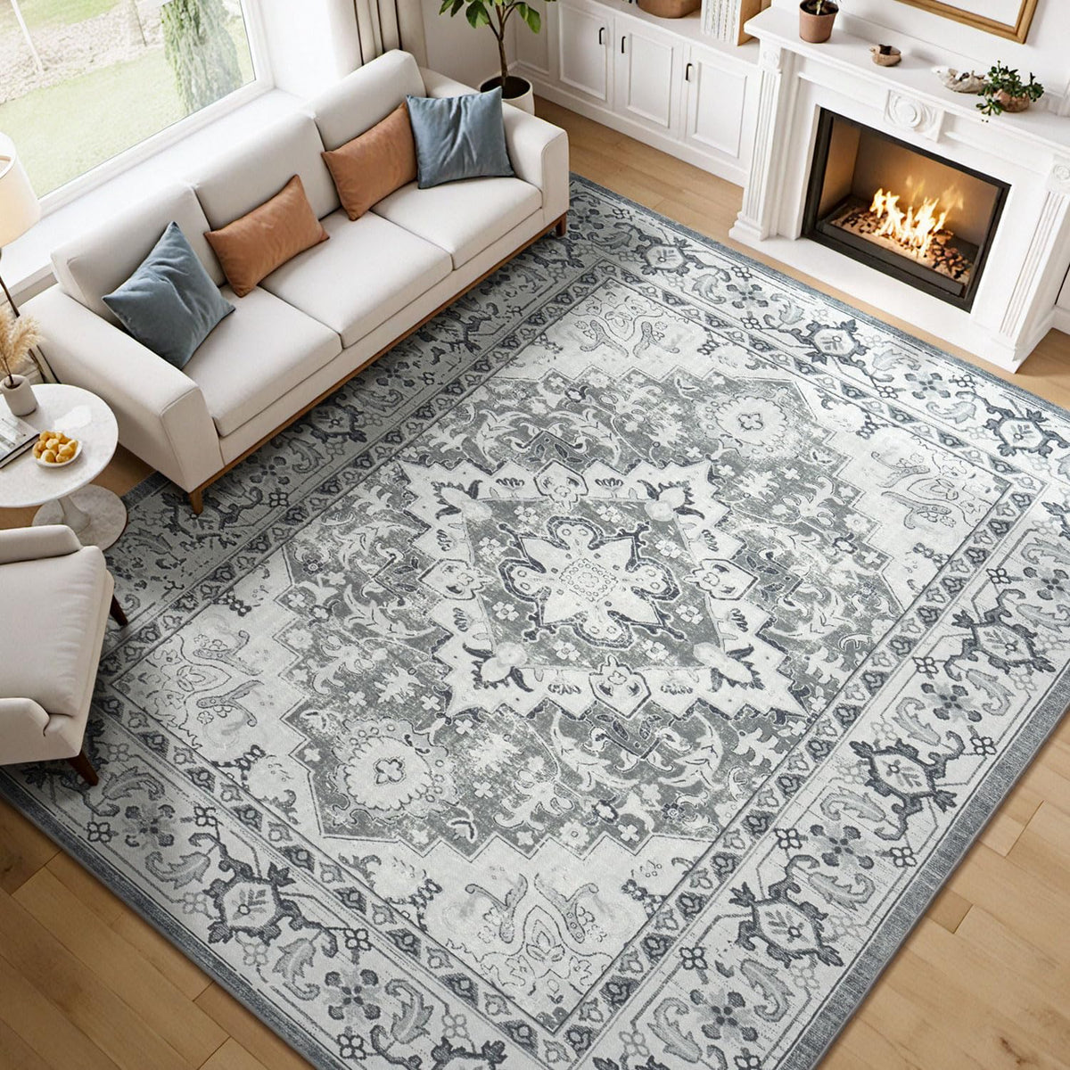 Lessymo 8 x 10 Area Rugs for Living Room, Machine Washable Rug Grey White