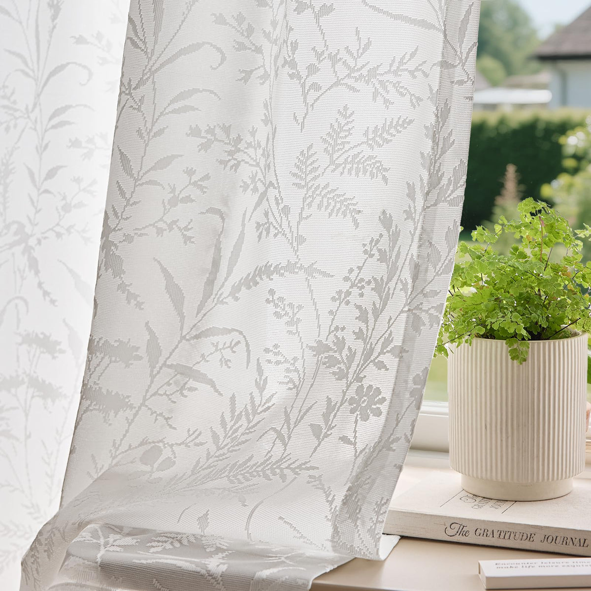 Anmao White Semi Sheer Light Filtering Curtains 84 Inches Long 2 Panels, Leaf Pattern Drapes for Living Room Bedroom, Rod Pocket Sheer Window Treatments with Floral Design, 52x84 Inch