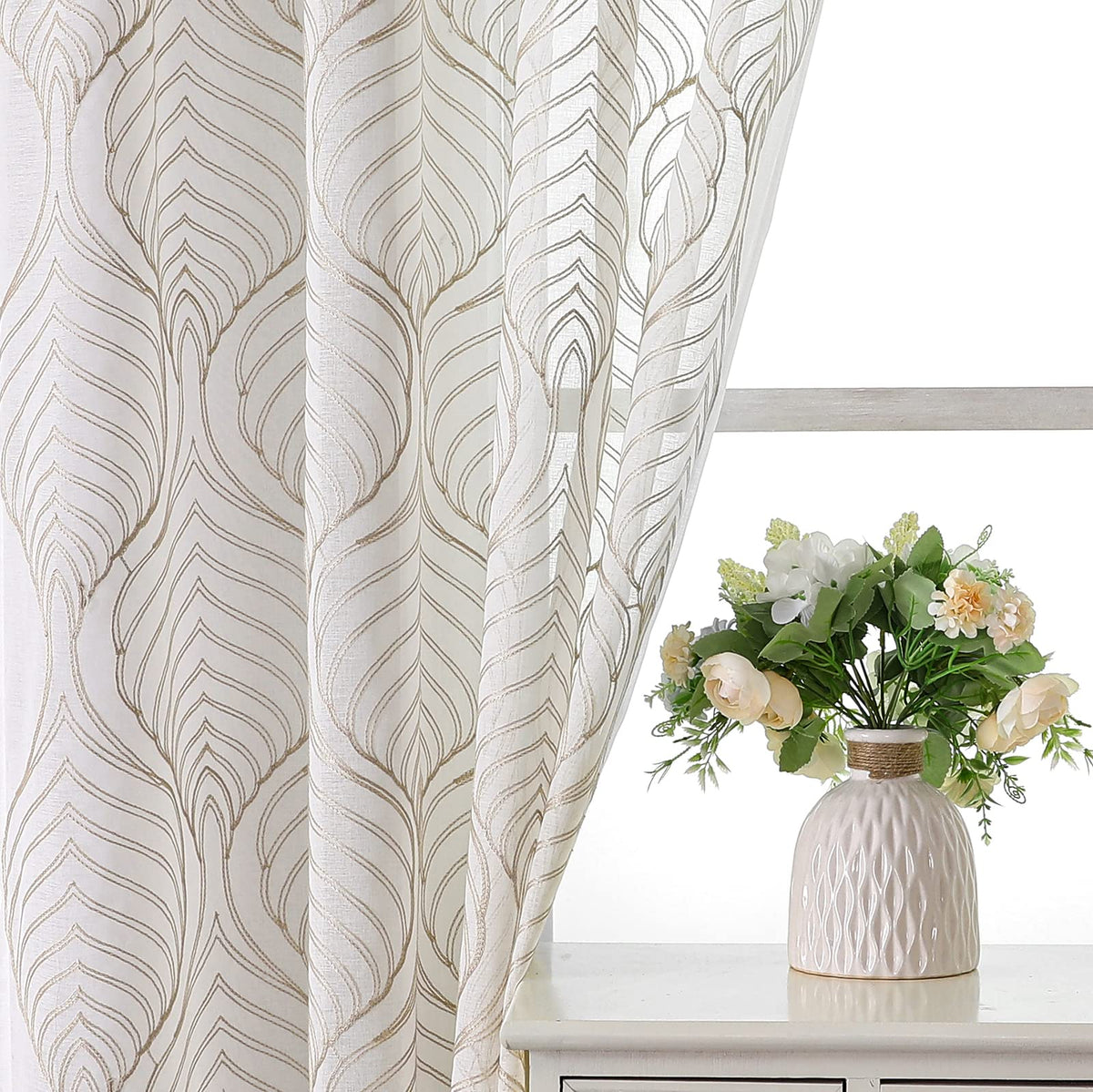 VISIONTEX White Sheer Curtains Grey Moroccan Embroidered 63 Inch Length
