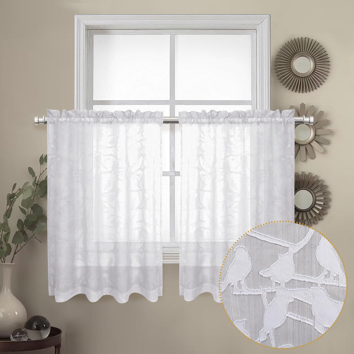 OVZME Sage Green Sheer Curtains 63 Inch Length 2 Panel Set, Light Filtering Bedroom Curtains with Dual Rod Pocket Top, Leaf Bird Clip Jacquard Sheer Farmhouse Window Drapes for Living Room, 2x38Wx63L