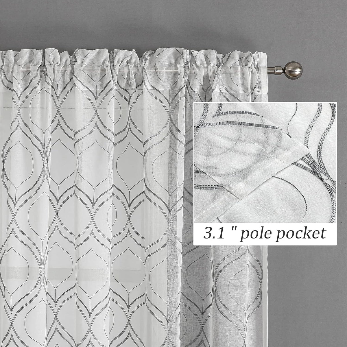 VISIONTEX White Sheer Curtains Grey Moroccan Embroidered 63 Inch Length