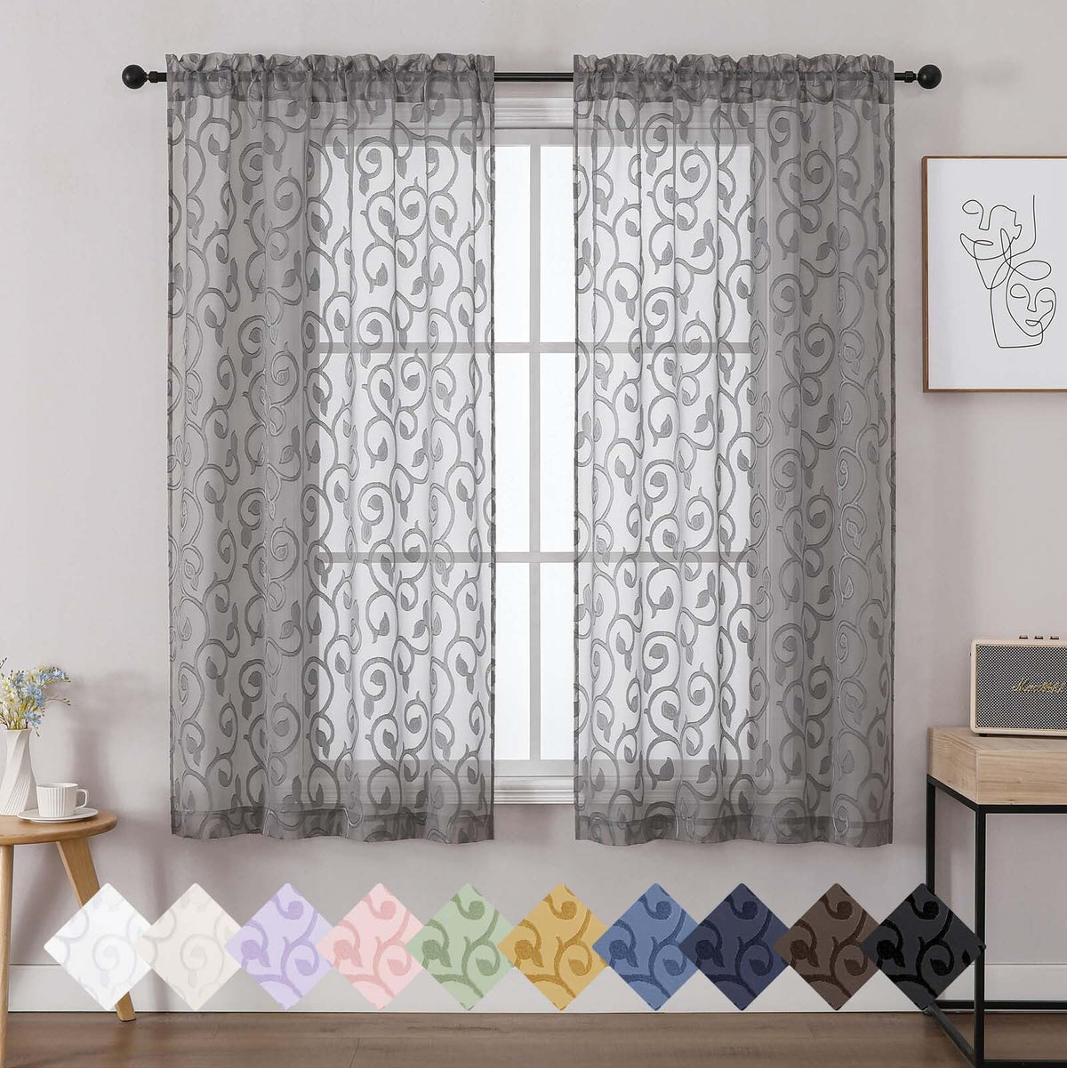 Dusty Blue Sheer Curtains for Bedroom Living Room 72 Inches Long 2 Panels Set, Soft Airy Geometric Jacquard Clip Curtains Drapes, Modern Rod Pocket Door Curtain, 2Pcs Each 42" Wx72 L Inch