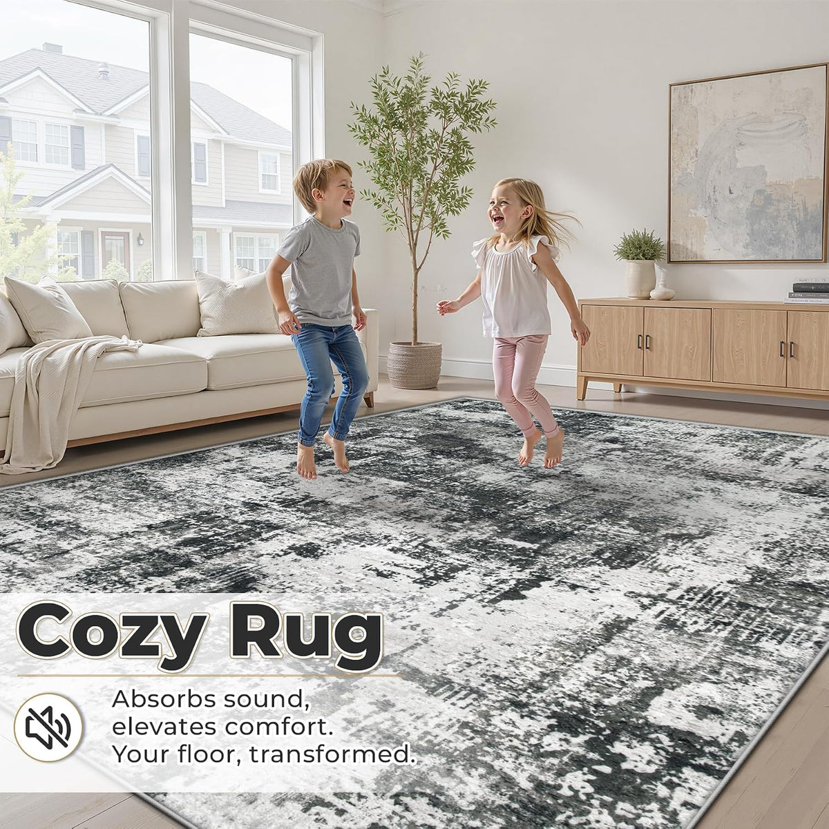 MXSANYOO 8x10 Area Rugs Washable Rug: Abstract Neutral Rugs Modern Non Slip Area Rug Stain Resistant Low Pile Indoor Carpet for Dining Room Bedroom Nursery Office (Black Grey, 8'x10')