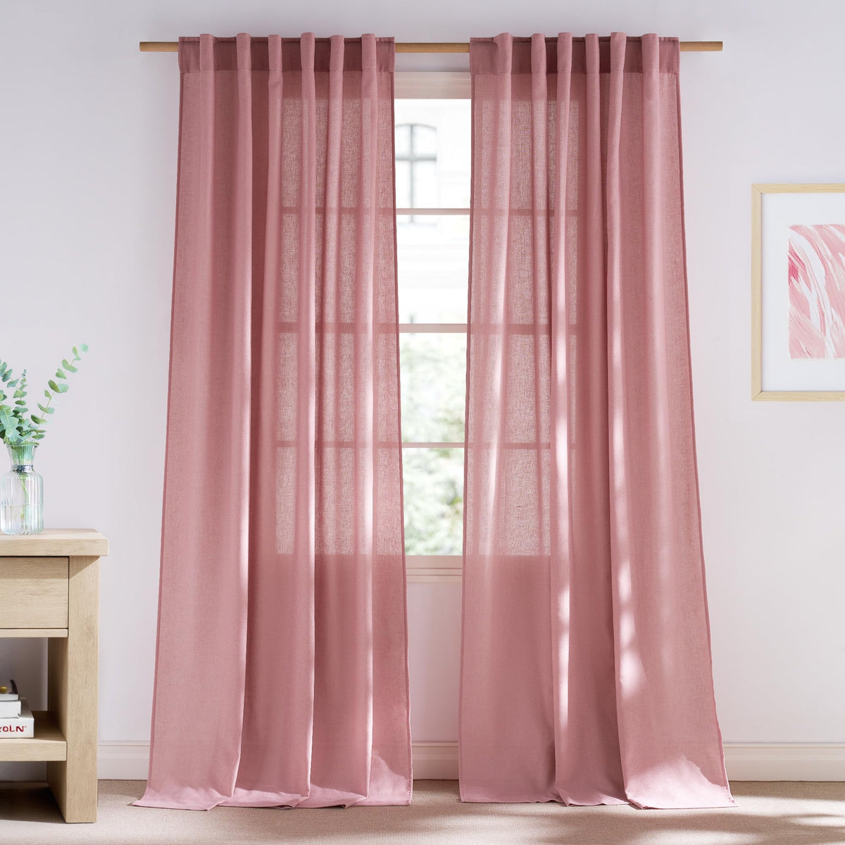 NICETOWN Natural Linen Curtains & Drapes for Windows 84 inch Long, Rod Pocket & Back Tab Thick Flax Semi Sheer Privacy Assured with Light Filtering for Bedroom/Living Room, W55 x L84, 2 Pieces
