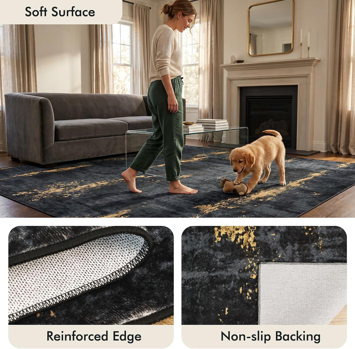 Fixwal Washable 5x7 Area Rug for Living Room, Non-Slip, Black/Gold