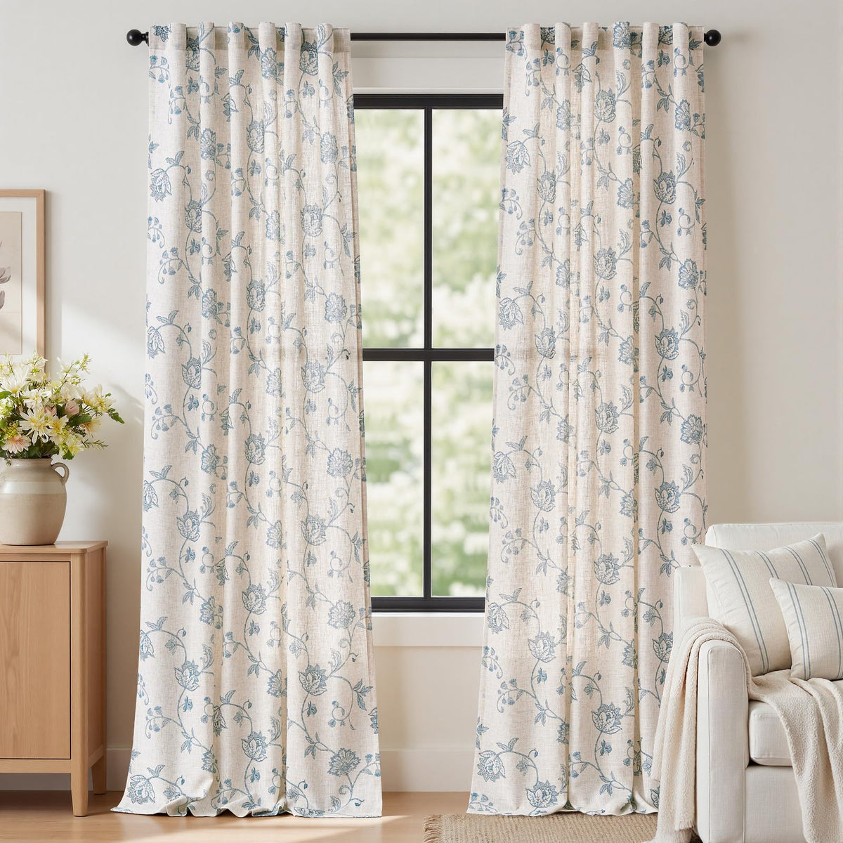 jinchan Green Floral Linen Curtains 84 Inch Vintage Back Tab 2 Panels