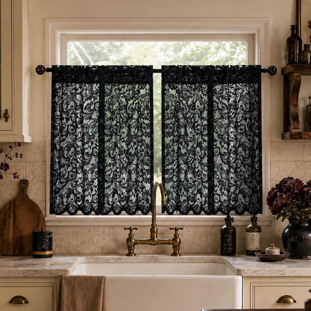 ALIGOGO Black Lace Curtains for Bedroom, Gothic Style, 52W x 63L Inch