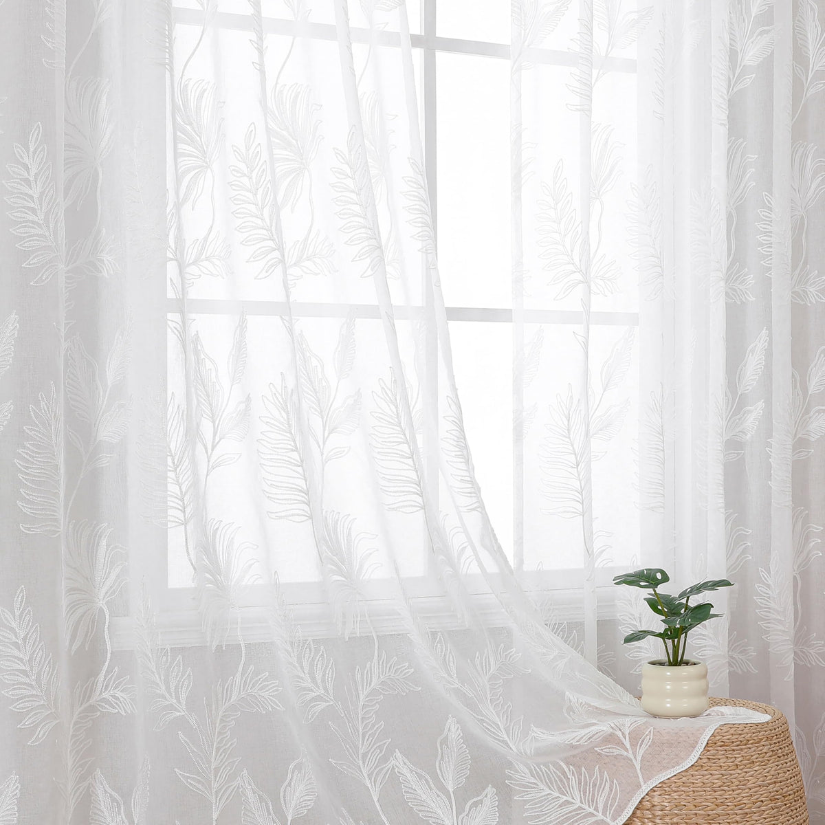 VISIONTEX Sheer Curtains Boho Leaf Floral Embroidered Cream Beige 54Wx84L