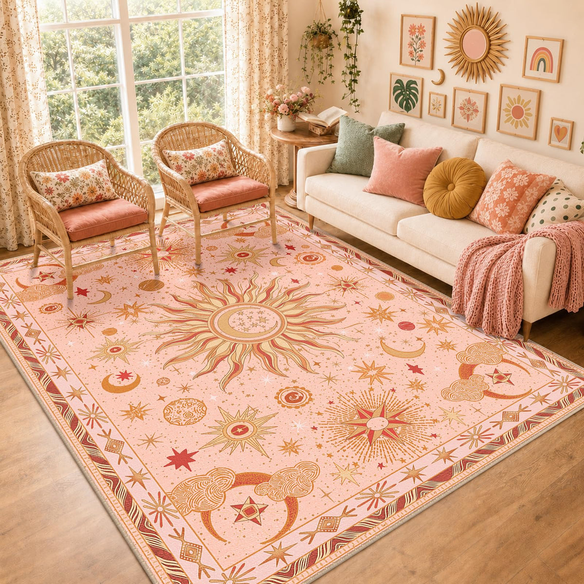 Vacuum-Friendly, 5x7 Washable Area Rug, Black Gold Beige Red