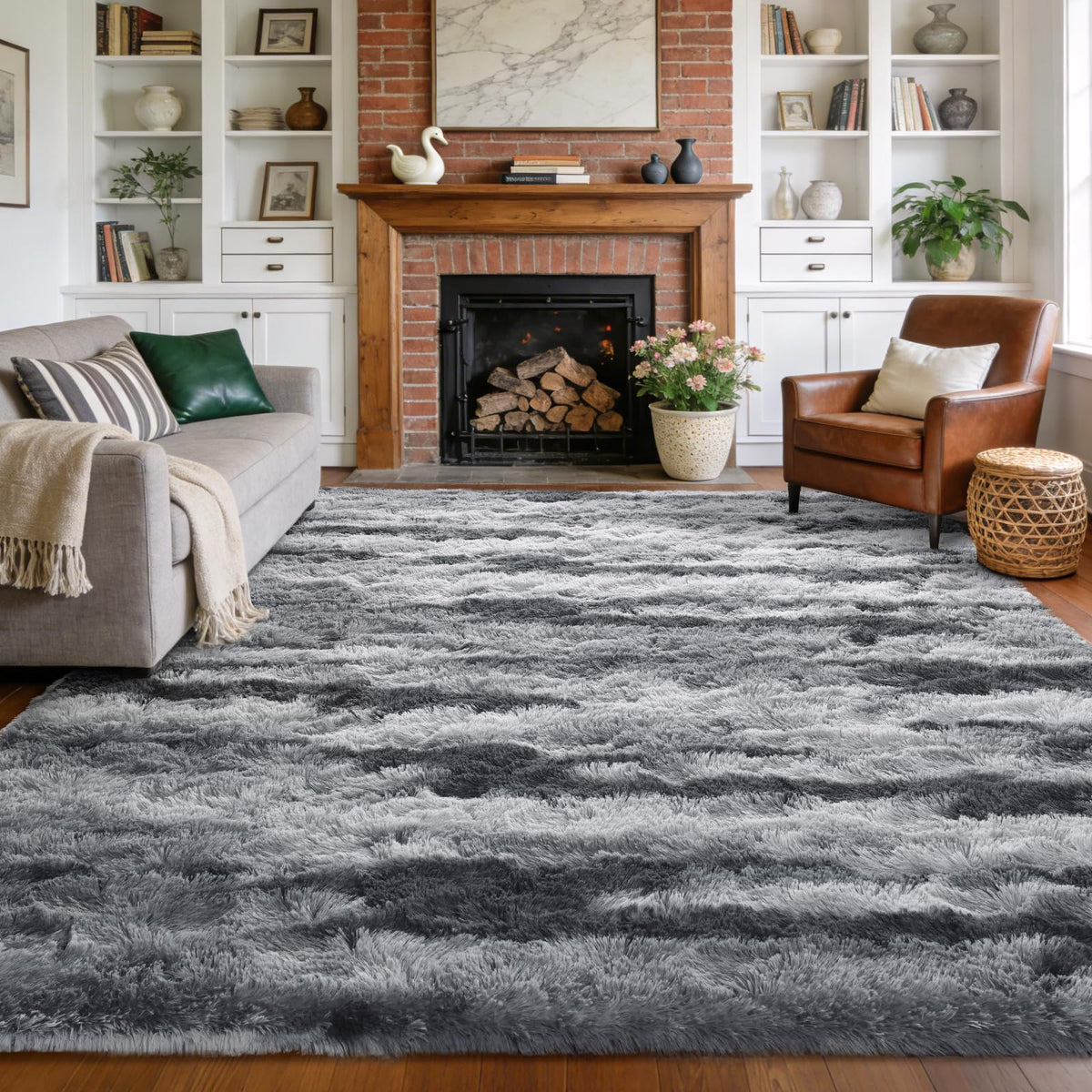 9x12 Extra Large Fluffy Area Rugs for Living Room Tie-Dyed Light Grey
