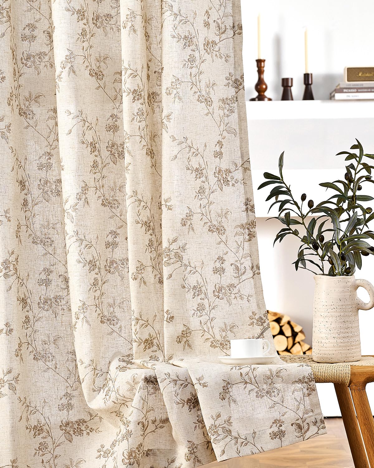 jinchan Taupe Floral Linen Curtains 84 Inch Farmhouse Back Tab 2 Panels