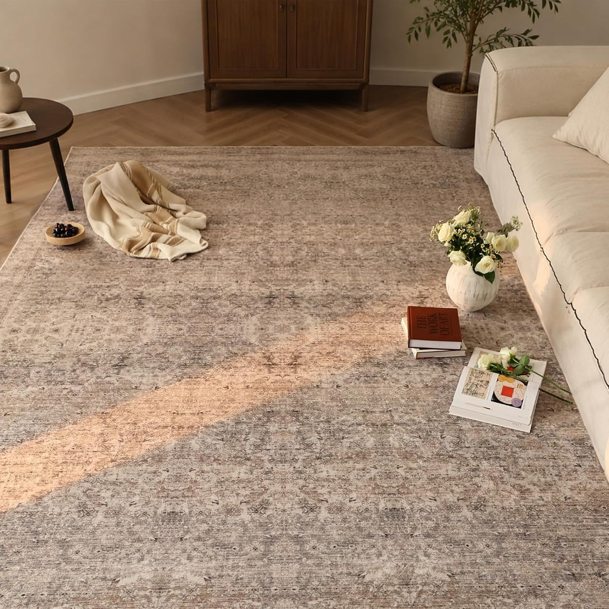8x10 Washable Boho Area Rug, Dark Beige Farmhouse for Living Room