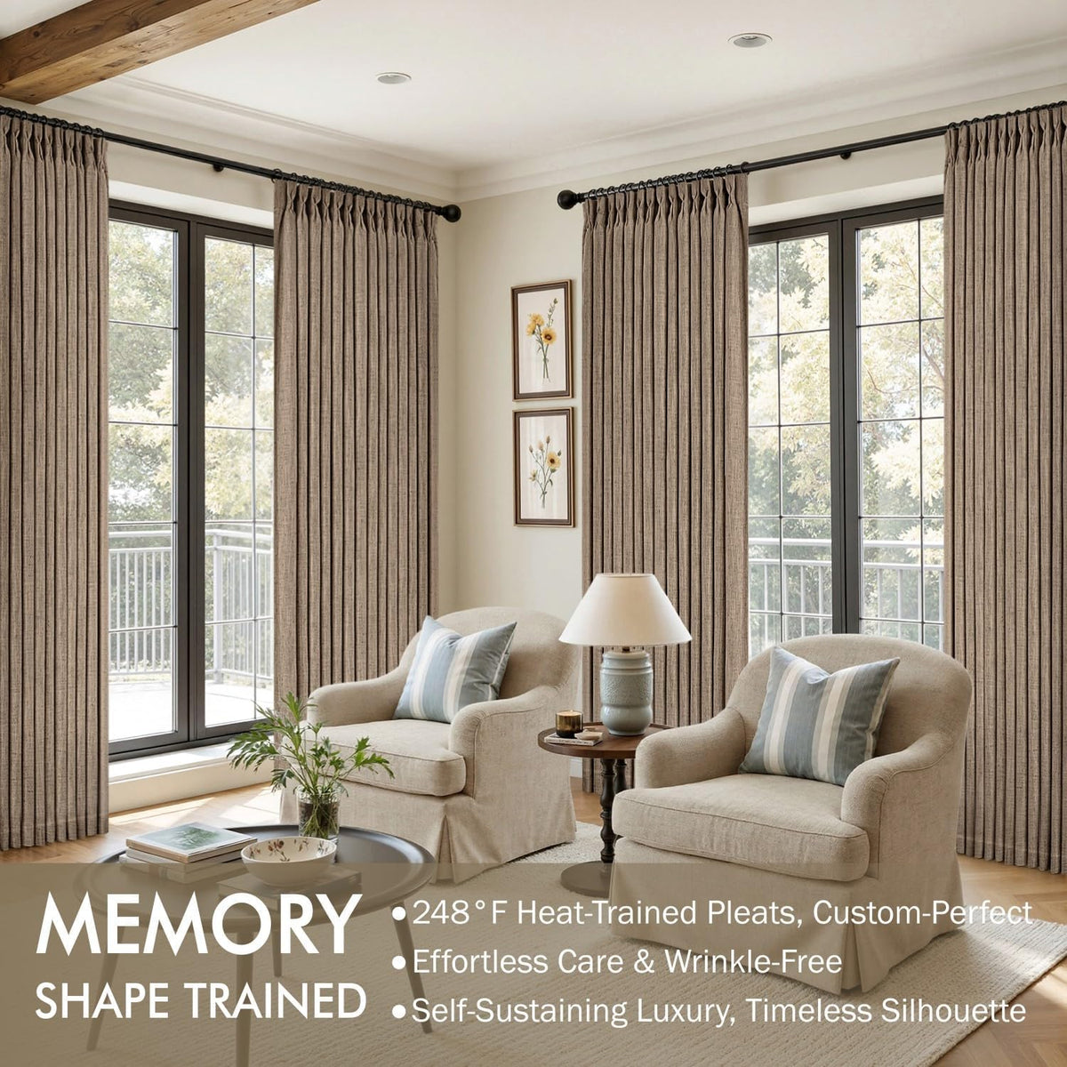 MIULEE Pinch Pleated Thick Linen Curtains 96 Inches Burlap Brown Curtains