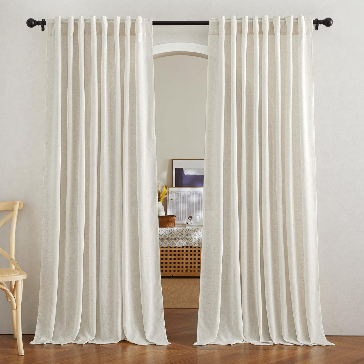 NICETOWN Natural Linen Curtains & Drapes for Windows 84 inch Long, Rod Pocket & Back Tab Thick Flax Semi Sheer Privacy Assured with Light Filtering for Bedroom/Living Room, W55 x L84, 2 Pieces