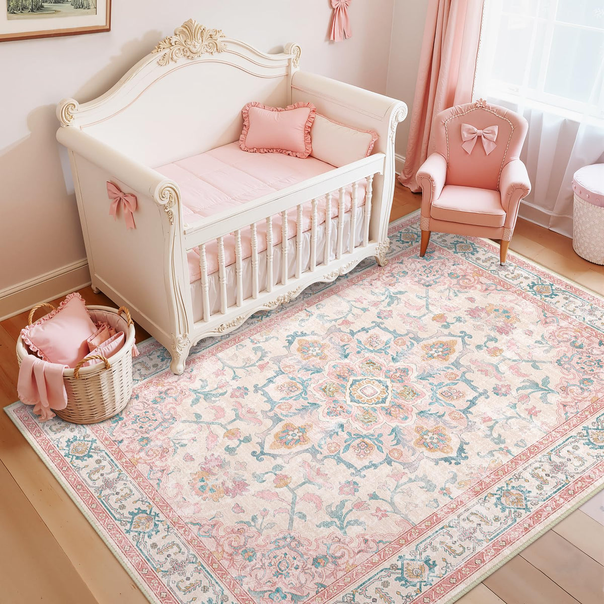 CAPALOCA 5x7 Washable Nursery Girls Low Pile Area Rug Pink