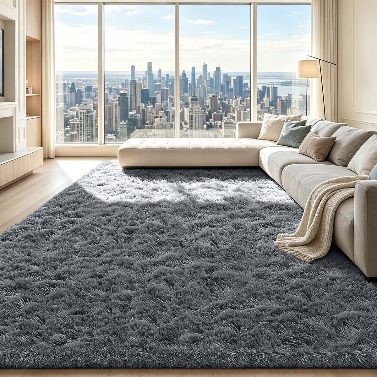 Beige 8x10 Area Rugs for Living Room, Fluffy Shag Rug Large Bedroom Carpet