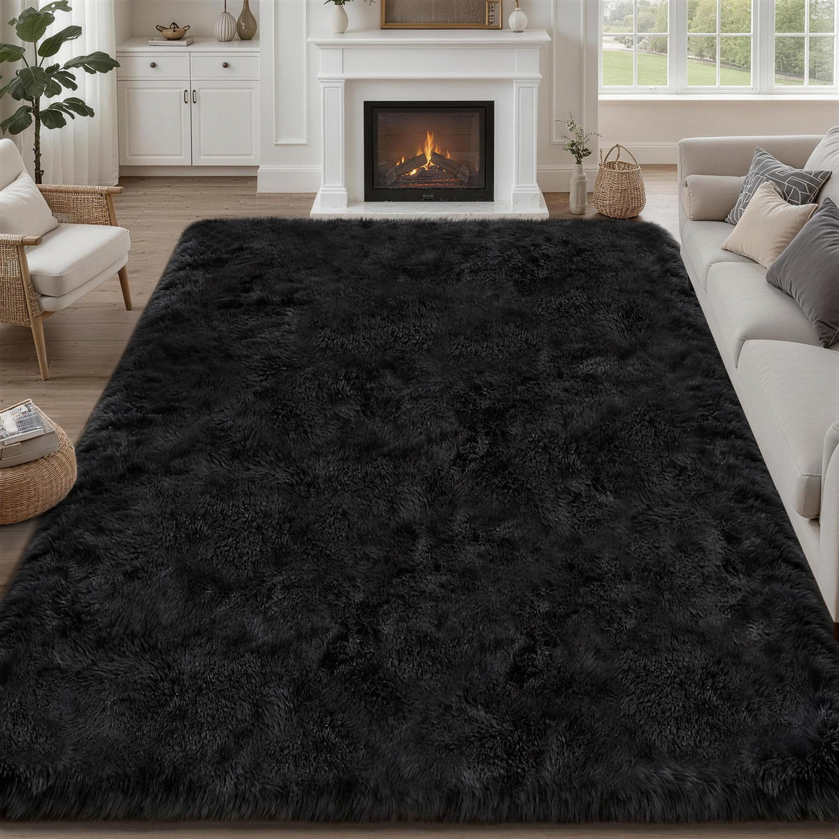 8x10 Area Rug Living Room Bedroom: Fluffy Plush Shag Carpet Black