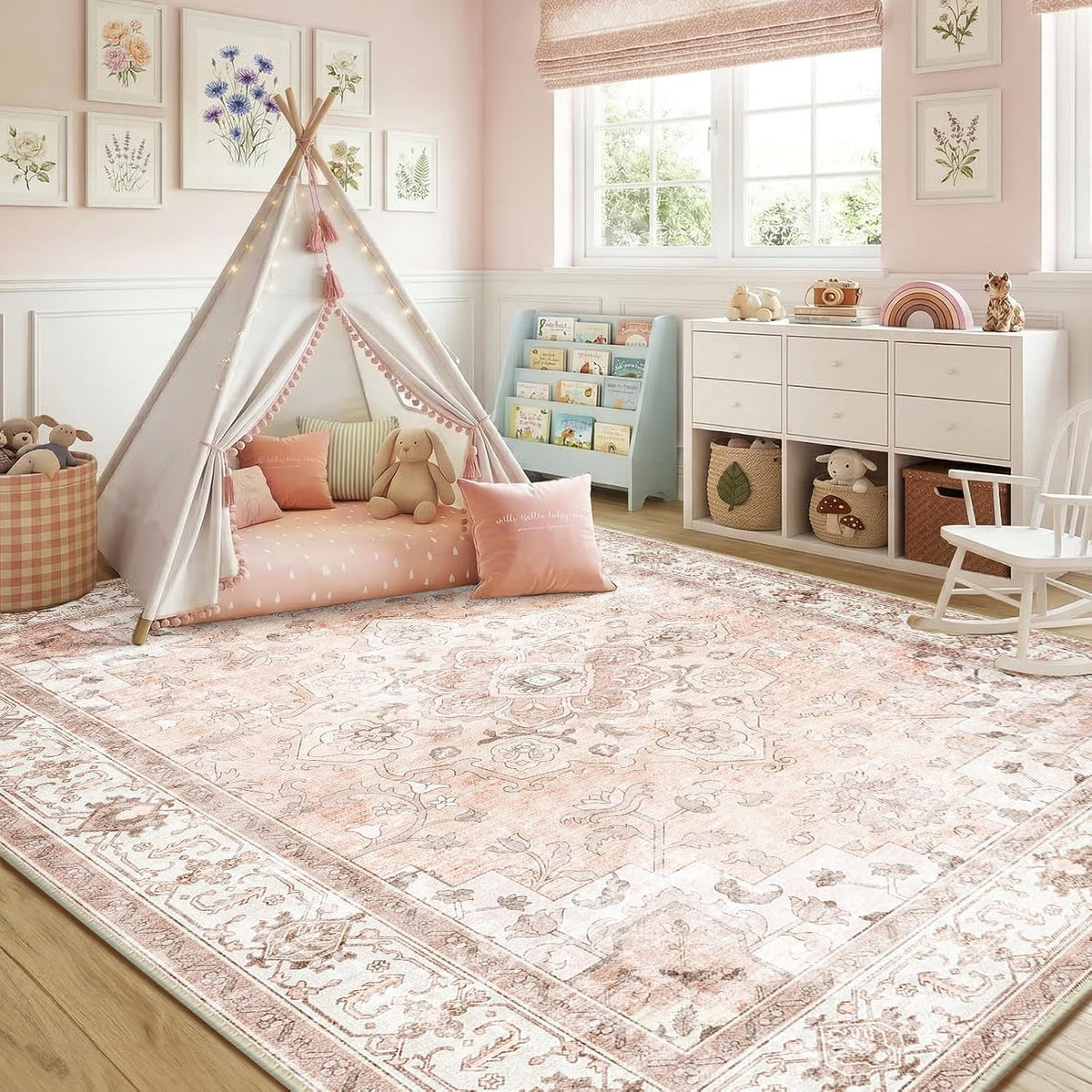 CAPALOCA 5x7 Washable Nursery Girls Low Pile Area Rug Pink
