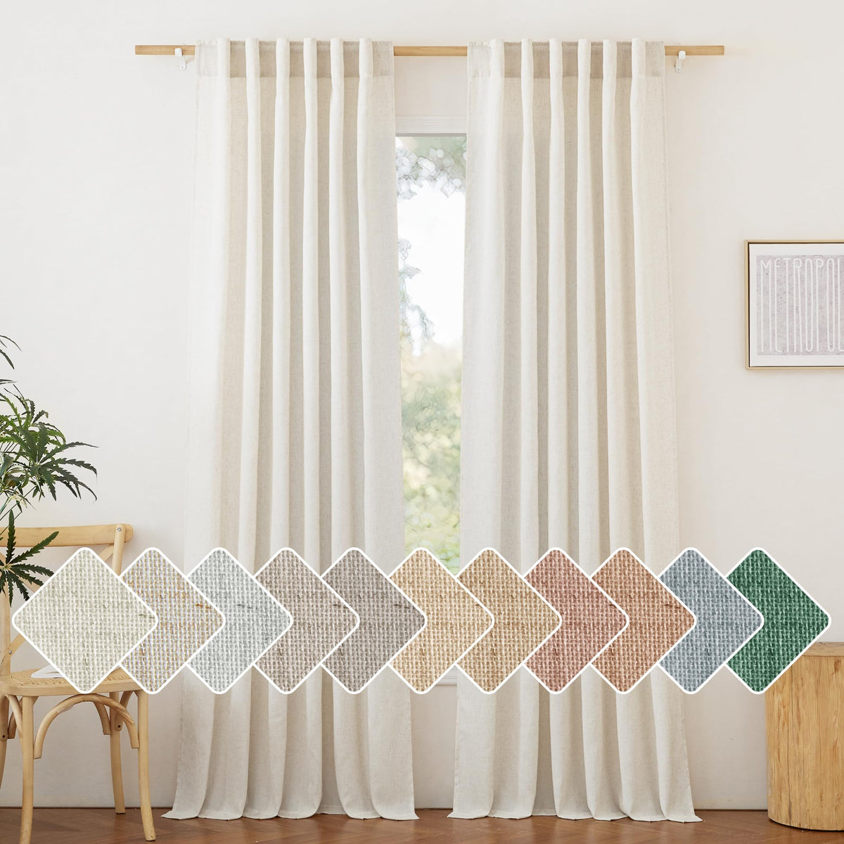 NICETOWN Natural Linen Curtains & Drapes for Windows 84 inch Long, Rod Pocket & Back Tab Thick Flax Semi Sheer Privacy Assured with Light Filtering for Bedroom/Living Room, W55 x L84, 2 Pieces
