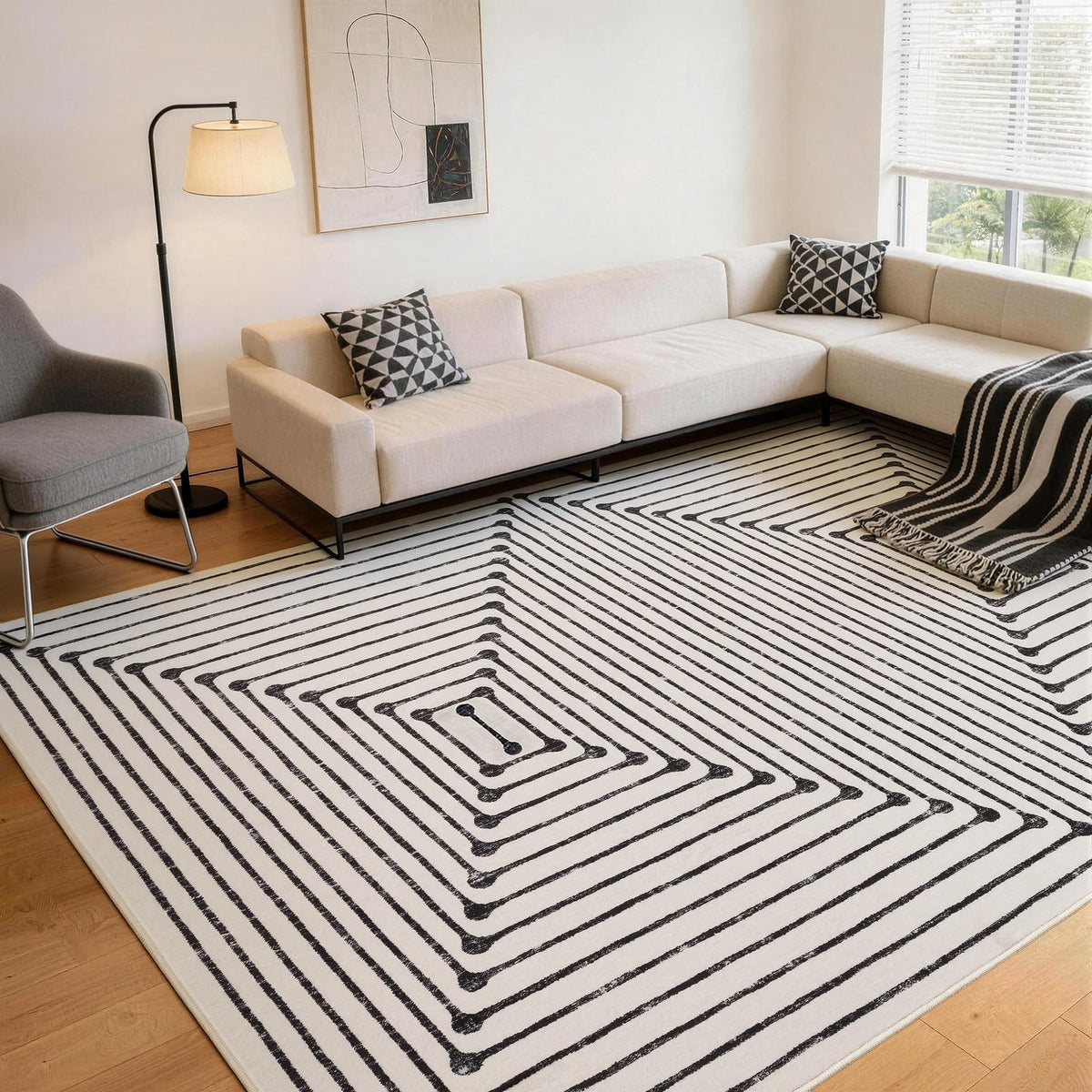 YIHOUSE Washable 5x7 Area Rugs for Living Room, Black and White Striped Rug for Bedroom Playroom Non Slip Low Pile, Soft Modern Geometric Carpet for Entryway Home Office Decor